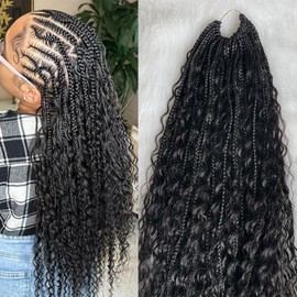 NFHair Crochet Boho Box Braids With Human Hair Pre-Looped Synthetic Braiding Goddess Braids Double Drawn Curly Full Ends Hair Extensions For Women Natural Color 1Pack/40 Stands 18Inch