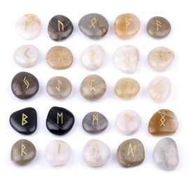 TGS Gems Rune Stones Set with Engraved Elder Futhark Alphabet and Velvet Pouch
