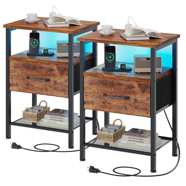 TRIFEBLE Night Stand Set 2, End Table with Charging Station,