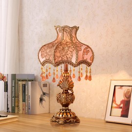 SANDYHA Antique Victorian Table Lamp Tiffany Style Floral Desk Light Fringe Fabric Lampshade Resin Base Romantic Beside Lamp for Bedroom Living Room Nightstand Office Study Home Decoration