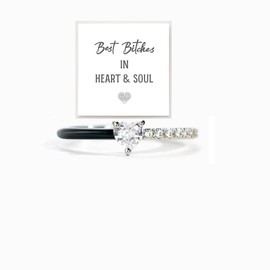 Best BiChes Rings, Matching Half Enamel Heart-Cut Rings Self Love Ring Silver pink Heart Adjustable Rings For Women Best Friends Jewelry Gifts, Enamel, Cubic Zirconia