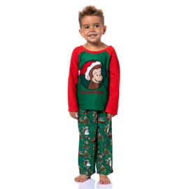 INTIMO Curious George Christmas Fun Toddler Kid's Raglan Fleece 2-Piece Long Sleeve Long PJ Pant Pajama Set for Boys Girl, 5T Multicolored