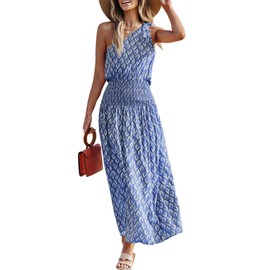 CUPSHE Women's Maxi Dress One Shoulder Sleeveless Smocked Floral Printed Self Tie Boho Long Dress Summer Dress Blue Floral, XL