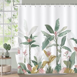 Bonhause Shower Curtain 180 x 180 cm Anti-Mould Shower Curtains Tropical Leaves Plants Shower Curtain Waterproof Polyester Fabric Washable Bathroom Curtain for Bathroom with 12 Hooks