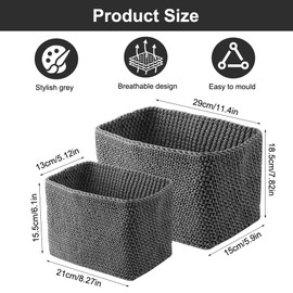 Pack of 2 Make-Up Baskets, Grey, 29 x 15 x 18.5 cm, 21 x 13 x 15.5 cm, Stackable Crochet Basket, Shelf Baskets for Towels Cosmetics, Bathroom Storage Basket, Small Basket Crochet Basket, for Bedroom