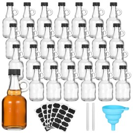 24 Pcs Mini Glass Syrup Bottles, 3.4 oz Transparent Glass Jars with Loop Handles & Lids, Small Clear Bottles with Stickers, Markers, and Funnels, Ideal for Syrup, Liquids, Oil, Milk