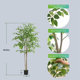 Nafresh Tall Ficus Tree Artificial，5ft(60in) Faux Ficus Tree with Realistic Smooth and Shiny Leaves， Fake Trees Indoor Outdoor for Home Office Living Room Bedroom Foyer Porch Decor.