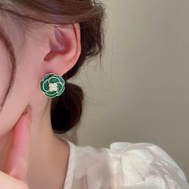 Xmsrn Vintage Camellia Flower Earrings Oil Drop Flower Stud Earrings Boho Pearl Stud Earrings Flower Camellia Earrings Green Statement Flower Earrings for Women