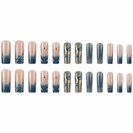 MISUD Press on Nails Long Square Fake Nails Glossy Glue on Nails Blue Ombre French Tip Acrylic Nails Squoval Artificial Nails 3D Water Ripple Stick on False Nails with Design 24 pcs