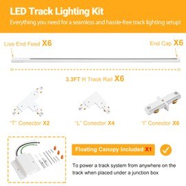 TuyuBEE 20FT H Track Lighting Rails Kit with Floating Canopy Connector, White H Type Track Rails with End Caps, Live End Feed and T L Connector, Compatible with Single Circuit H Style Track System