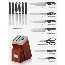 Knife Block Set, FOHERE 14 Pieces Razor-Sharp Self Sharpening Knife Set, High Carbon Stainless Steel Waved Pattern Knife Set with Block, Rust & Stain Resistant Kitchen Knives and Triple Riveted Handle