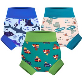 FLYISH DIRECT Reusable Swim Nappies, Baby Swimming Nappies for Boys and Girls, 3 Packs Reusable Swim Nappy 2-3 Years, Green Dino