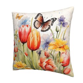 Yopiiefa Spring Floral Butterfly Throw Pillow Covers 18x18 Set of 2 Tulip Flower Butterfly Decorative Pillow Cover Farmhouse Pillowcases for Sofa Couch Bed Home Car Decor