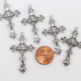 Ornate Jesus Crucifix Crosses - Antique Silver Color 43mm Long - 5pcs