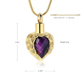 Gold Angel Wings Glass Heart Urn Pet/Human Cremation Pendant Necklace Jewelry for Ashes