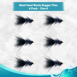 Feeder Creek Fly Fishing Flies | 6pc Woolly Bugger Assortment in 4 Colors, 3 Sizes - Ideal Flies for Fly Fishing | Trout Flies | Bass Flies | Streamer Flies | Wet Flies (Size 6 Black - 6 Pack)
