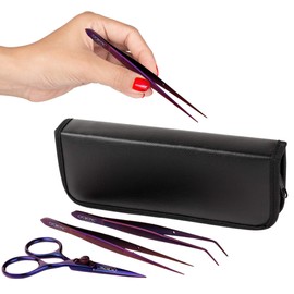 O'Creme Stainless Steel Precision Kitchen Culinary Fine-Tip Tweezer Tongs 6-1/2 inch straight and 6-3/8 inch Curved, Plus Super Sharp Chef Scissors, Total 3 Pieces Set (Purple)