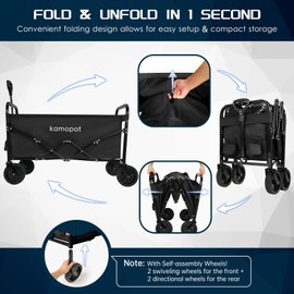 Kamopot Large Collapsible Wagon Foldable for Grocery, Beach, Park, Yard, 34 x 18 Inch Inner Storage. Folding Utility Shopping Cart on Wheels. Heavy Duty, Durable w/Cupholders (Black)