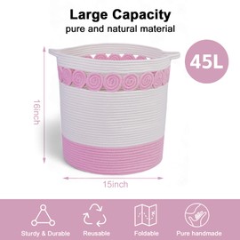 RRM Laundry Hamper 45L,15''x15''x16'' Tall Woven Cotton Laundry Basket with Handle, Decorative Storage Basket for Dirty Clothes Blankets Toys in Living/Bath/Baby/Laundry Room, Pink
