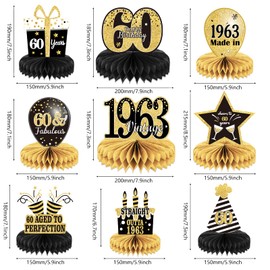 9PCS 60th Birthday decorations 60th birthday Centerpieces for Tables Decorations 2023 Vintage 1963 Honeycomb Table Topper Back in 1963 60th Birthday Decorations for Men and Woman 60 Years Birthday Party