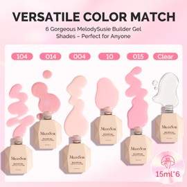 MelodySusie 6PCS 15ML Pink Base Colors Clear Builder Gel Set for Nails Thickening,Soak Off UV Extension Gel,Rhinestone Nail Glue in a Bottle for Nail Art Design Gift for Women
