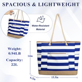 Chase Chic Beach Bag for Women, Large Beach Tote Multiple Pockets Summer Pool Bag with Zipper for Travel,Vacation Blue