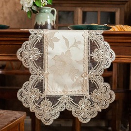 Lace Table Runner Waterproof Jacquard Fabric Coffee Table Runner Elegant Vintage Tablecloth for Party Garden Wedding (Beige, 40 x 210 cm)