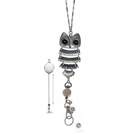 Hidden Hollow Beads Retractable Badge Reel, Women's Stainless Steel Lanyard, Strong, ID Card Holder, Keys Teacher Nurse Cruise Key Keychain (Owl Pendant)