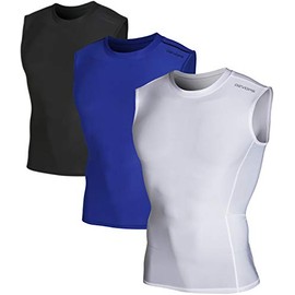 DEVOPS 3 Pack Men's Athletic Compression Shirts Sleeveless (Large, Black/Blue/White)