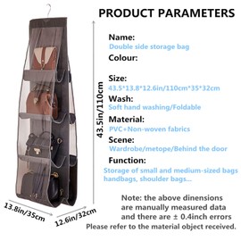 Hanging Handbag Purse Organizer, Breathable Polyester Fiber+PVC Handbag Organizer, 8 Easy Access Clear Vinyl Pockets, Wardrobe Closet Space Saving Organizers System, Washable (Grey)