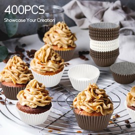 Paper Muffin Cases 400 Pieces Mini Cupcake Muffins Cases Greaseproof Cases Liners Wrapper, Standard Size 7 cm, for Baking Dessert Party Birthday Wedding (White, Brown)