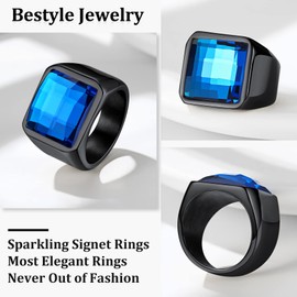 Bestyle Black Men Signet Ring-15mm*15mm Blue Topaz Sapphire Gemstone Ring Cubic Zirconia Ring for Men-Chunky Black Metal Plated Stainless Steel Ring Cool Band Finger Ring, Size 12