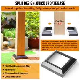 Wocepu 3 pcs 6x6 (Actual: 5.5"x5.5") Aluminum Deck Post Base Cover, for Deck railings, Stairs, Patios, Porches Split Deck Post Skirt (Black)