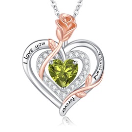 LAVUMO Women's Necklace 925 Silver Double Heart Rose Flower Chain Women's Birthstone Necklaces Mother's Day Birthday Valentine's Day Christmas Jewellery Gifts for Women Mum Girlfriend, Sterling Silver