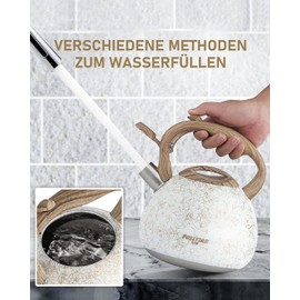 Poliviar JX2020-YB30-DE modern induction kettle, stainless steel whistling kettle, tea kettle for all hobs, whistling kettle with wood grain handle, kettle for tea and coffee, max. 3 litres, platinum wire (JX2020-YB30)