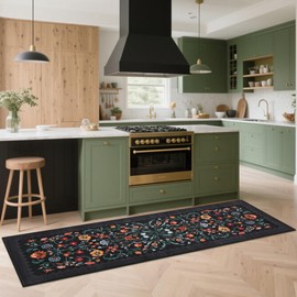 Floral Rug 2x6 Runners for Hallways, Boho Kitchen Runner Rugs Non Slip Bath Runners, Vintage Washable Runner Rug for Bedroom, Soft Long Rugs for Entryway Bathroom Laundry Dorm, Black