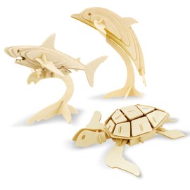 Georgie Porgy 3D Wooden Puzzles for Kids Toys Construction Woodcraft Kits DIY Model Puzzle Kits Birthday Gifts Pack of 3 (Shark Sea Turtle Dolphin)