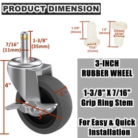 RILIDRI 3-Inch Swivel Stem Caster for Rubbermaid Mop Bucket Utility Cart, 7/16-Inch Stem Diameter Rubber Wheel Set of 4 with Side Brake, Heavy Duty TPR Weber Grills Shop Vac Replacement Wheels