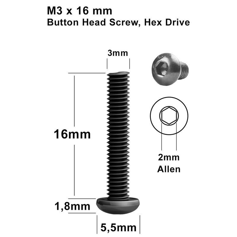 200pcs M3x16mm Black Round Head Hex Key Bolts for Allen