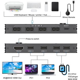 USB C Switch 4K@60Hz, USB Type-C KVM Switcher for 2 Computers Share 1 Monitor and 4 USB Devices, Compatible with Thunderbolt 3, with 87 W Power Delivery Option, Support HDMI+USB+Type-C 3.1 Input