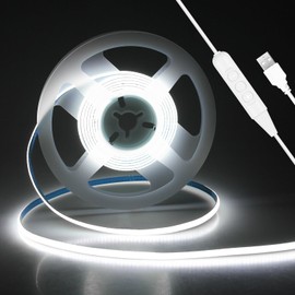 ALITOVE 5V USB LED Light Strip Daylight White Dimmable COB LED Strip with Switch 6000K CRI 90+ 5mm Wide Flexible 2M 800LEDs Tape Light TV Backlight for Under Cabinet Kitchen Camping RV DIY Lighting