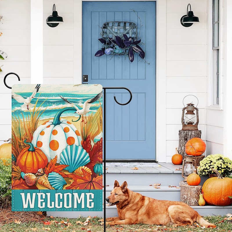 Dyrenson Welcome Fall Pumpkin Beach Decorative Garden Flag, Coastal Autumn