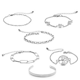 Pera Jewelry 14K Gold and Silver Plated Layered Bracelet Sets, 6 Pieces, Adjustable Layered Link Bracelets Sets, Stainless Steel, no gemstone