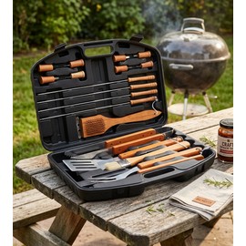 BBQ Tool Set for Outdoor Grilling – Stainless Steel Barbecue Accessories with Wooden Handles for Home Camping & Backyard Cooking