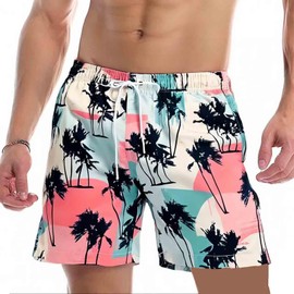 SUNDAY ROSE Mens Swim Trunks Quick Dry 5 inch Inseam Swimming Beach Shorts with Mesh Lining Bathing Suit Pink Coconut Tree Size XXL