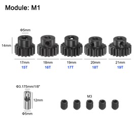 uxcell M1 Mod1 Pinion Gear Set 5mm Shaft 15T 16T 17T 18T 19T Motor Gears Hardened Steel Pinion Gear with 3.17mm Coupler for RC Car (5pcs)