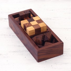 NOVICA Artisan Handcrafted Wood Puzzles Set of 3 from India Brown Chess Sets Games [1.4in H x 7in W x 2.6in D] ' Challenging Trio' Set of 3
