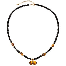 Wizock Simple Black Agate Beaded Necklace Protection Spiritual Wrapped Crystals Hexagonal Prism Point Pendant Necklaces for Women (Tiger's Eye)