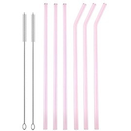 12.5 Inch Extra Long Glass Straws, 8mm Outer Diameter Reusable Pink Glass Straws for 40oz Tall Tumblers Pack of 6, with Cleaning Brushes