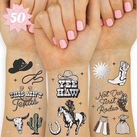 xo, Fetti Western Tatuajes Temporales Para Fiesta De Cumpleaños - 50 Pzas De Lámina Plateada | Accesorio Para Niña De Cumpleaños, Rodeo Cowgirl Despedida De Soltera Decoraciones, Acceso